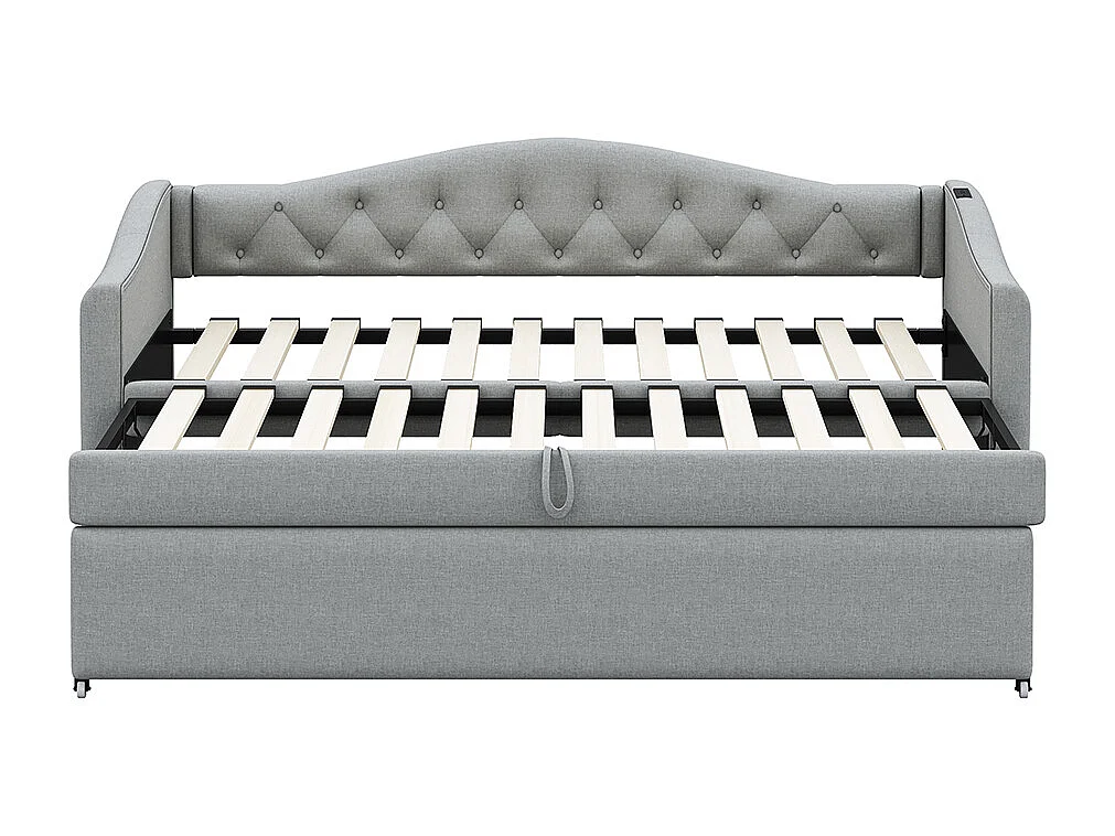 Lit rembourré, canapé-lit extensible 90*200 cm, avec port USB, forme classique avec boutons, lin, Gris