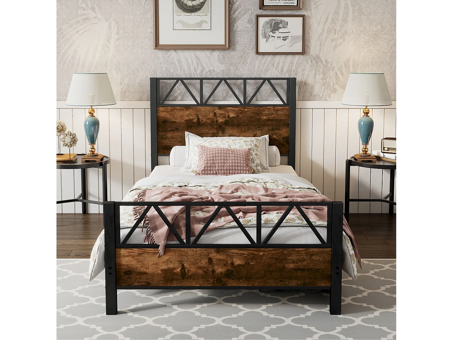 Lettura per bambini in metallo, colore bois vintage, due soffietti su roulette, metallo + MDF, noir + noyer, 90x200 cm