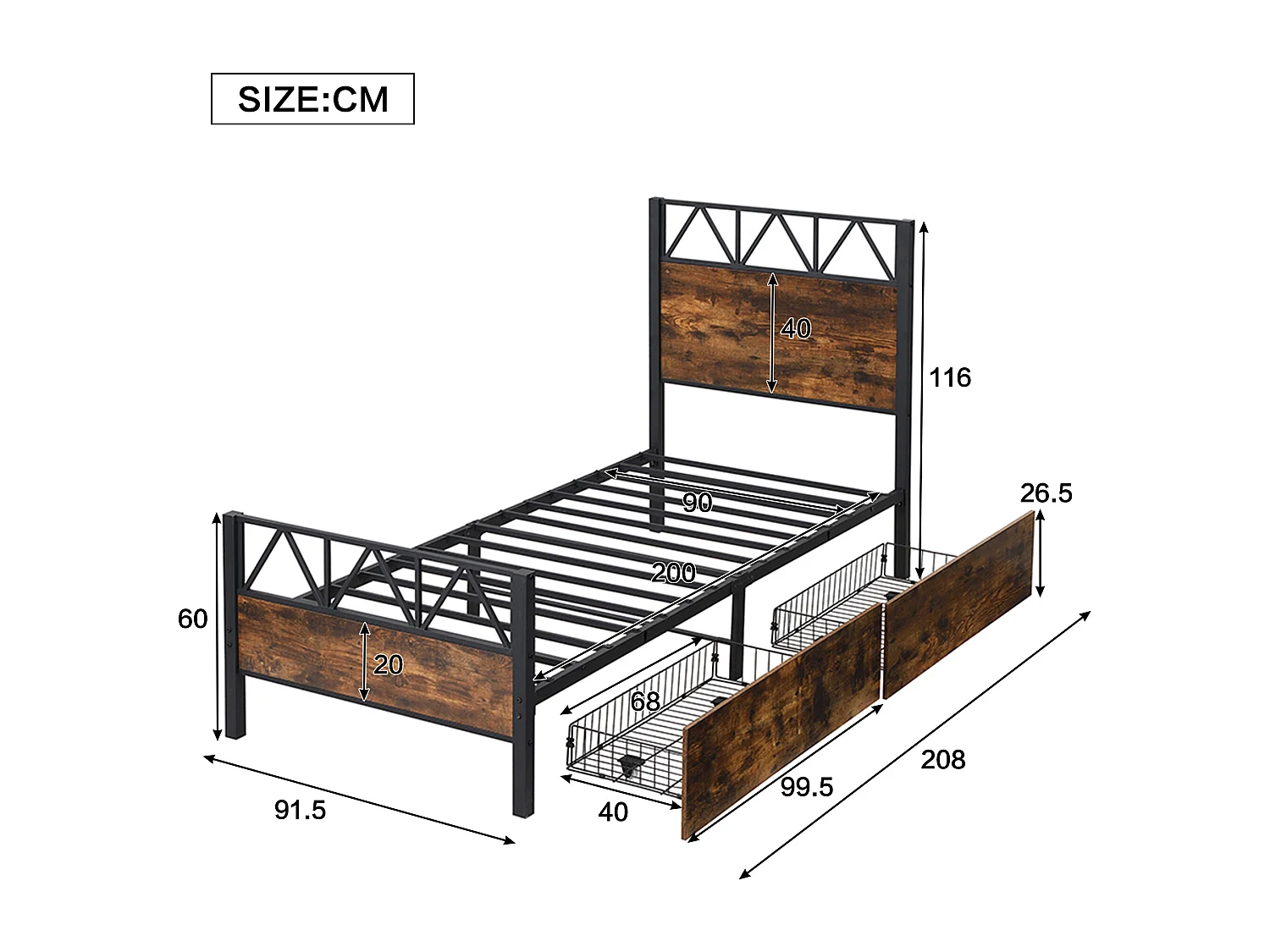 Lettura per bambini in metallo, colore bois vintage, due soffietti su roulette, metallo + MDF, noir + noyer, 90x200 cm