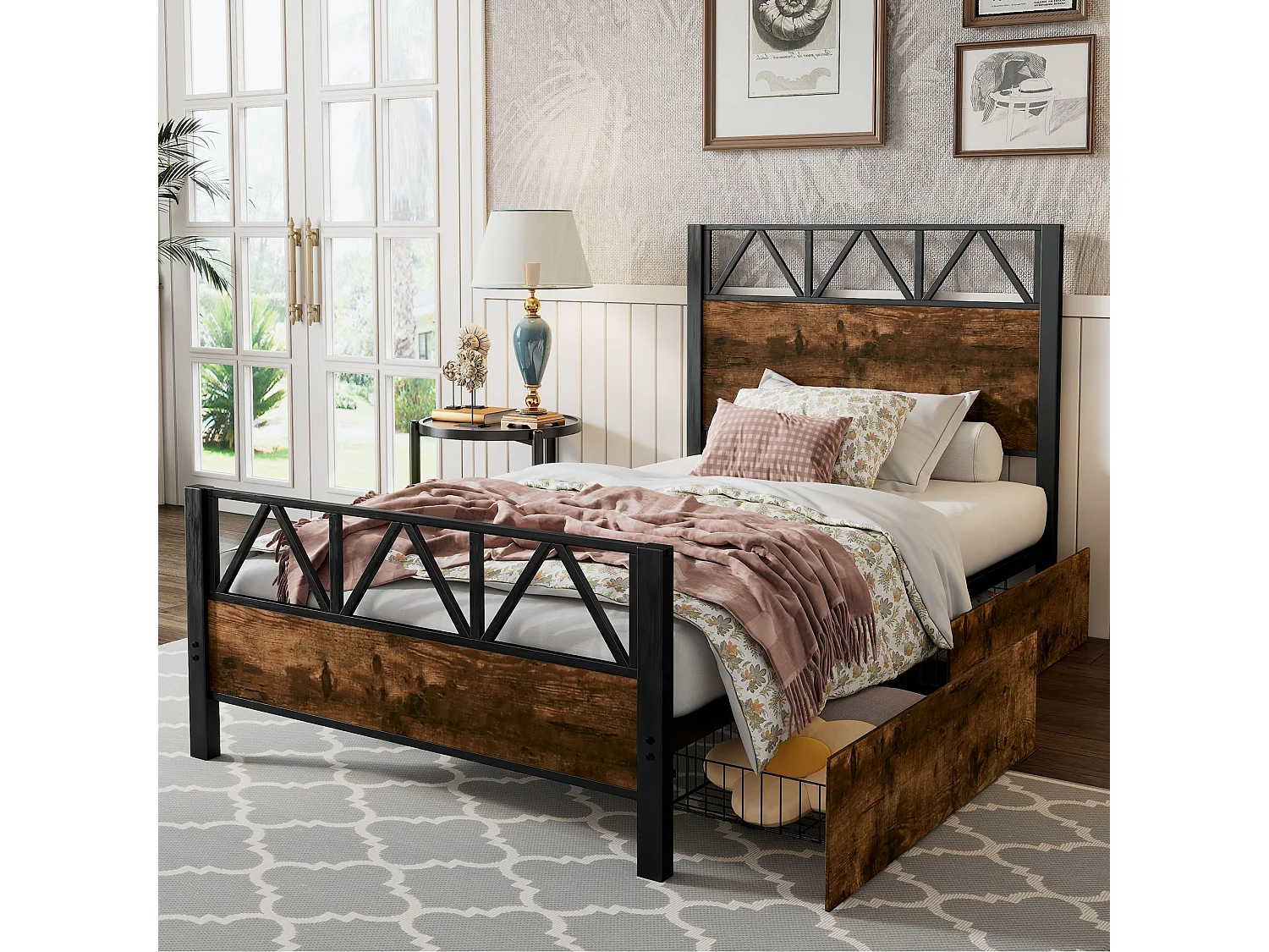 Lettura per bambini in metallo, colore bois vintage, due soffietti su roulette, metallo + MDF, noir + noyer, 90x200 cm