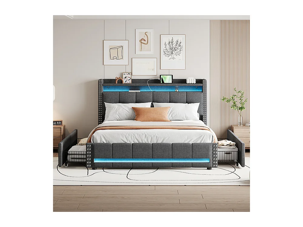 Lit rembourré 160*200 cm, avec éclairage LED et prise USB, étagère et tiroir avec 4 tiroirs, gris
