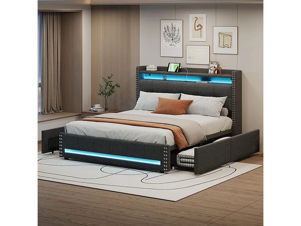 Lit rembourré 160*200 cm, avec éclairage LED et prise USB, étagère et tiroir avec 4 tiroirs, gris