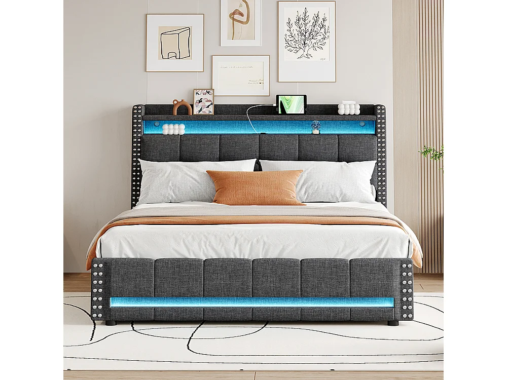 Lit rembourré 160*200 cm, avec éclairage LED et prise USB, étagère et tiroir avec 4 tiroirs, gris
