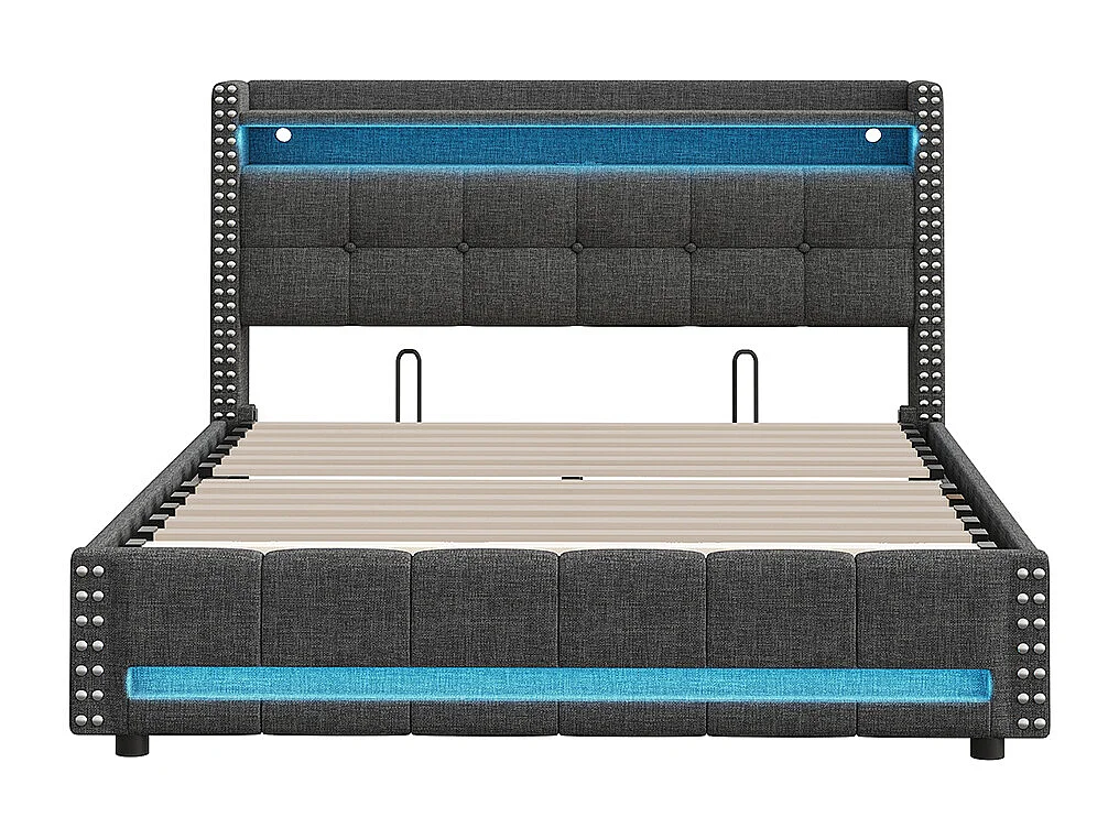 Lit rembourré 160*200 cm, avec éclairage LED et prise USB, étagère et tiroir avec 4 tiroirs, gris