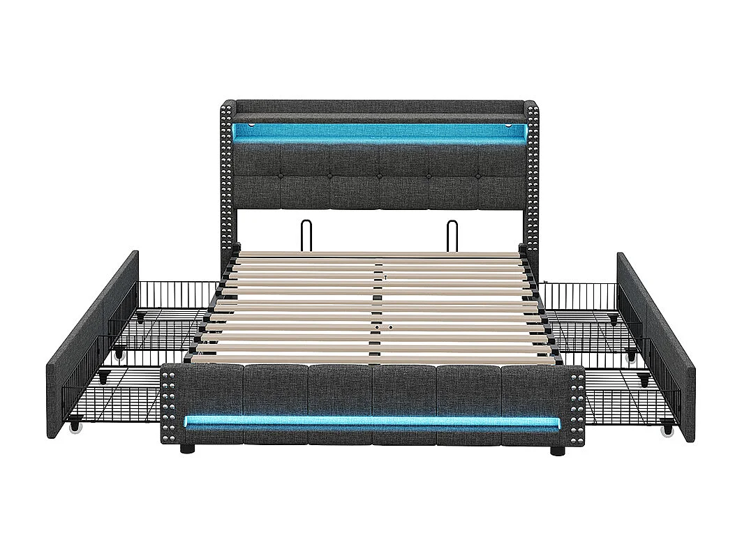 Lit rembourré 160*200 cm, avec éclairage LED et prise USB, étagère et tiroir avec 4 tiroirs, gris