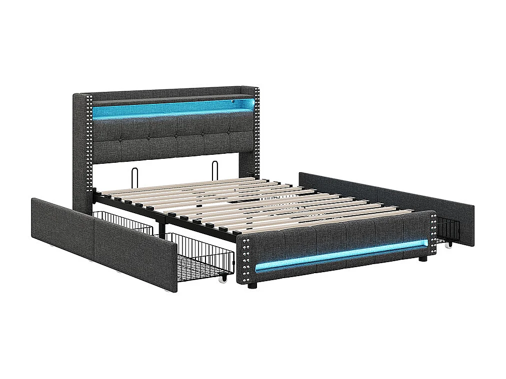 Lit rembourré 160*200 cm, avec éclairage LED et prise USB, étagère et tiroir avec 4 tiroirs, gris