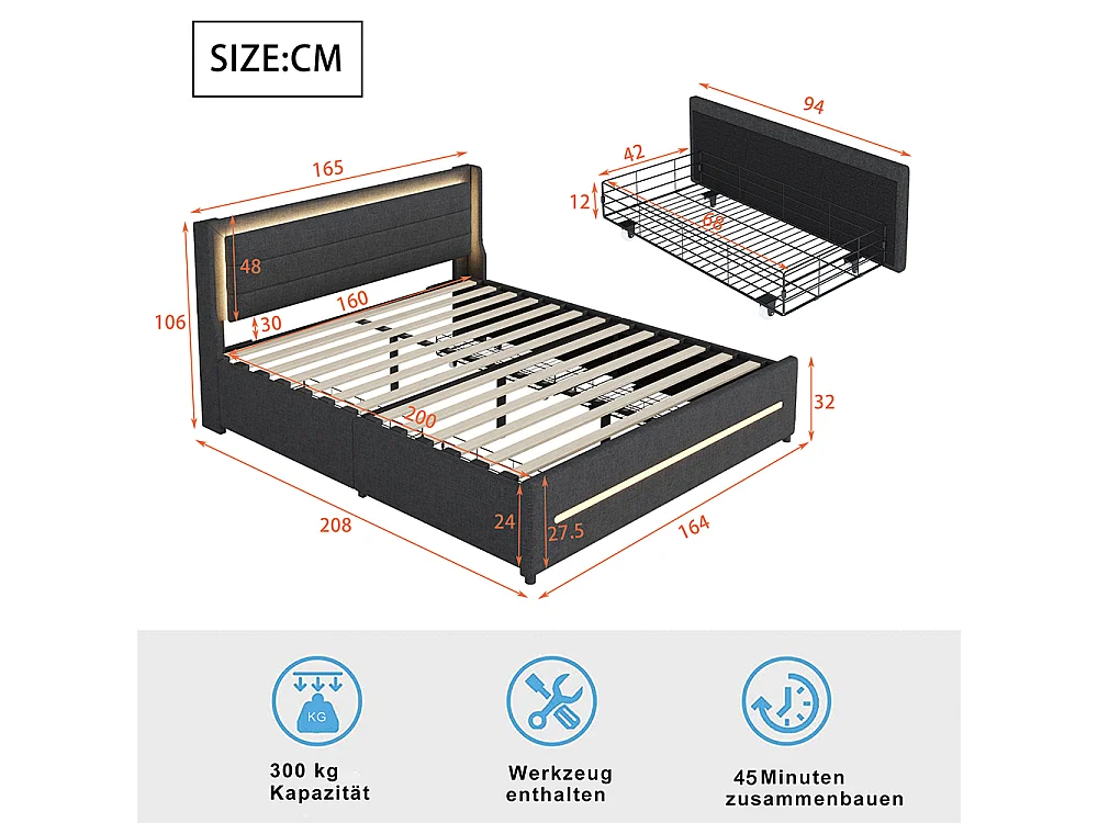 Lit rembourré 160*200, avec lampes LED à couleur changeante, compartiment de rangement, lin, gris