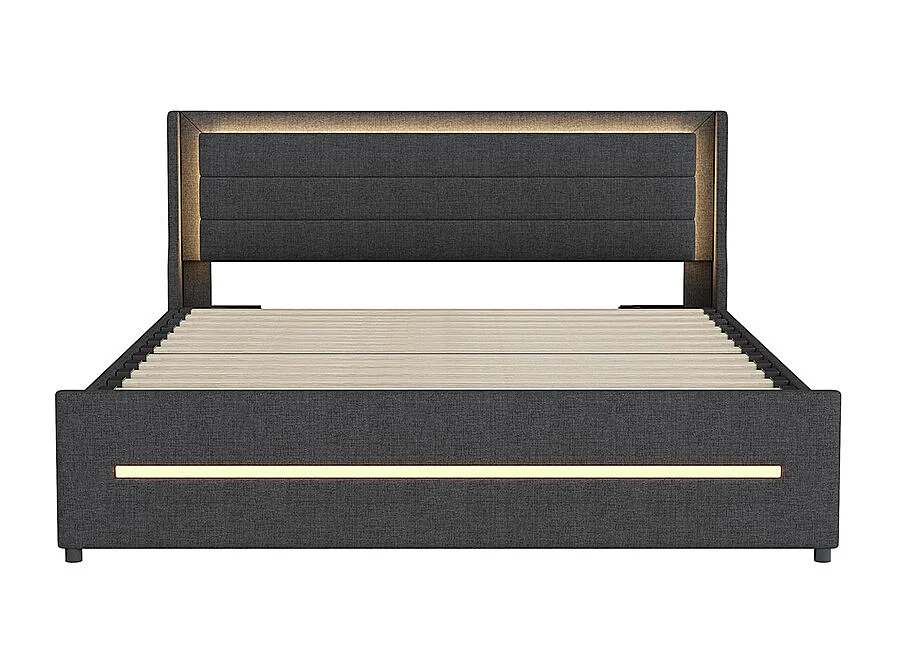 Lit rembourré 160*200, avec lampes LED à couleur changeante, compartiment de rangement, lin, gris