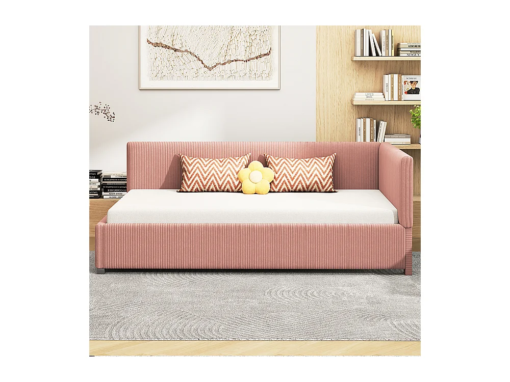 Lit simple capitonné, canapé-lit 90*200 avec sommier à lattes, tissu velours doux pour la peau, rose