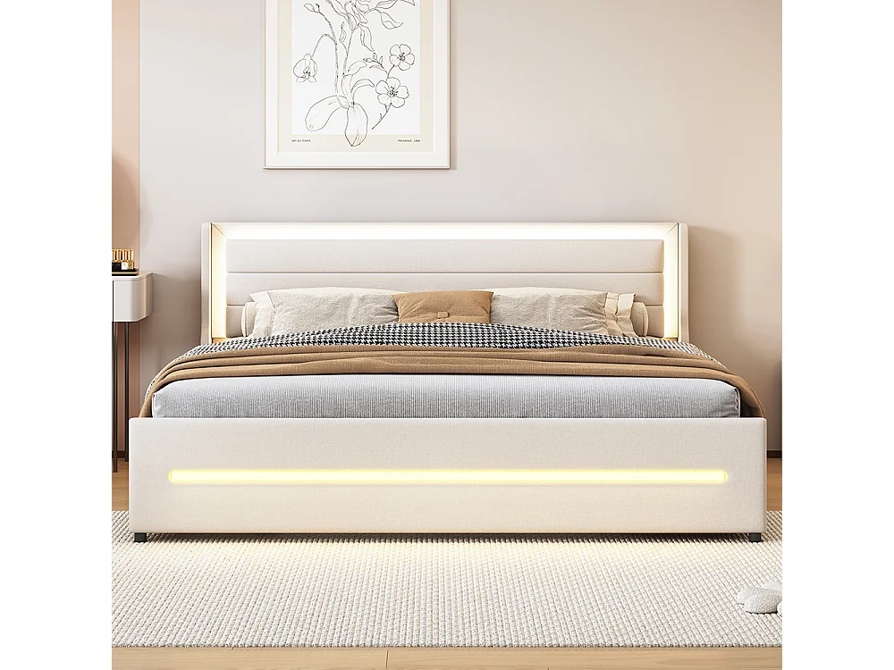 Lit double capitonné 180*200 cm, avec lampes LED à couleur changeante, quatre compartiments de rangement, lin, beige