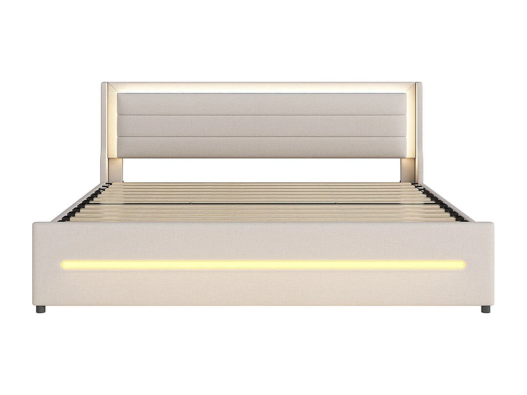 Lit double capitonné 180*200 cm, avec lampes LED à couleur changeante, quatre compartiments de rangement, lin, beige