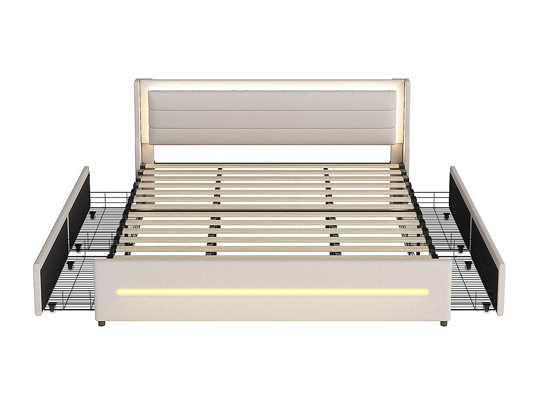 Lit double capitonné 180*200 cm, avec lampes LED à couleur changeante, quatre compartiments de rangement, lin, beige