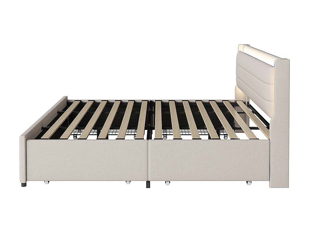 Lit double capitonné 180*200 cm, avec lampes LED à couleur changeante, quatre compartiments de rangement, lin, beige