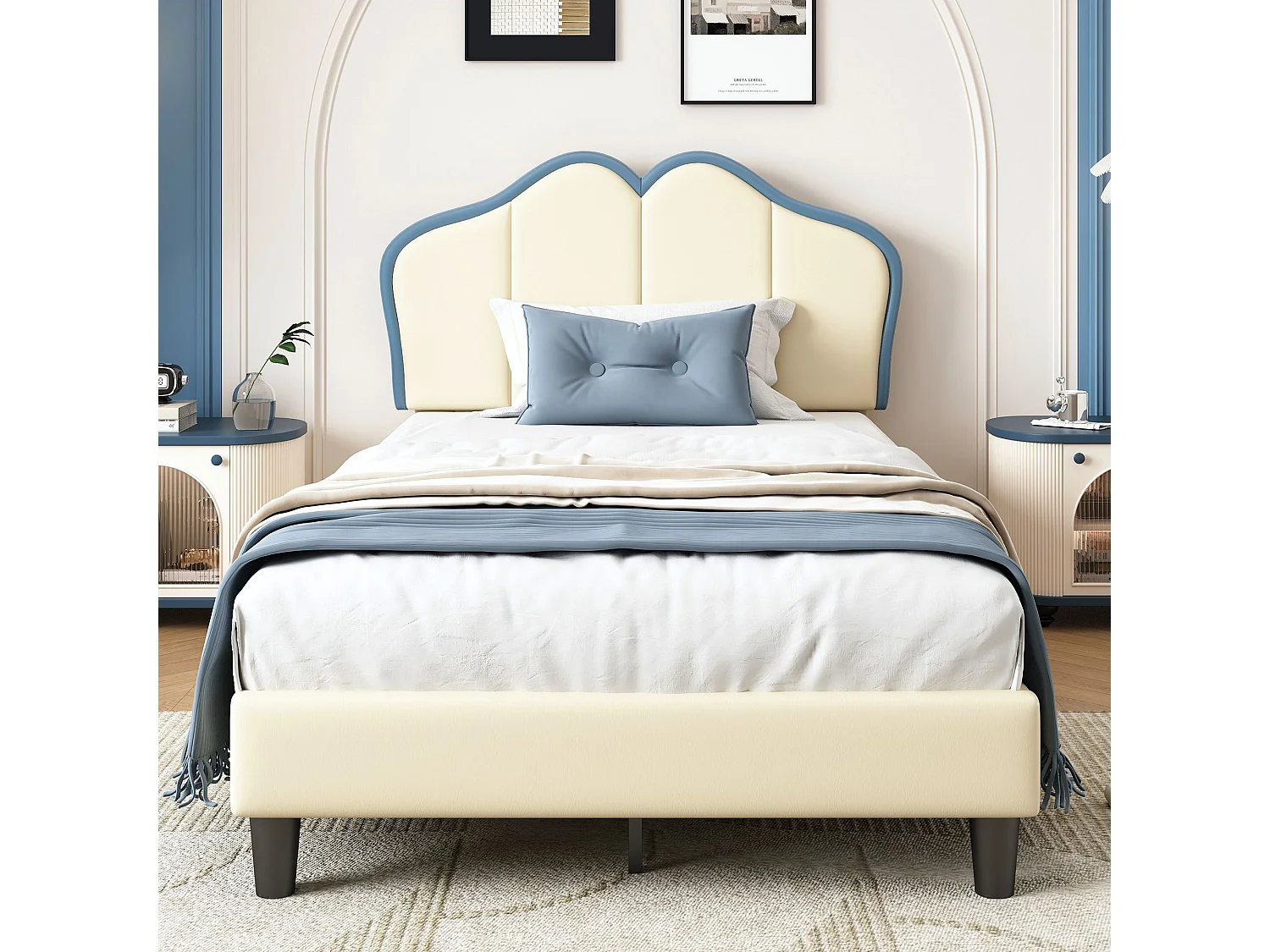 Kinderbed 90x200 cm, met zachte beschermranden, elegant hoofdbord, PU, wit + blauw