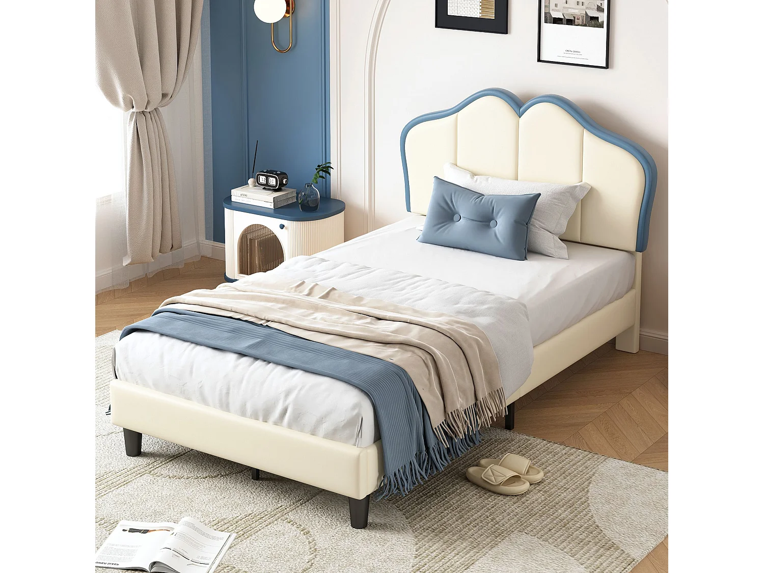 Kinderbed 90x200 cm, met zachte beschermranden, elegant hoofdbord, PU, wit + blauw