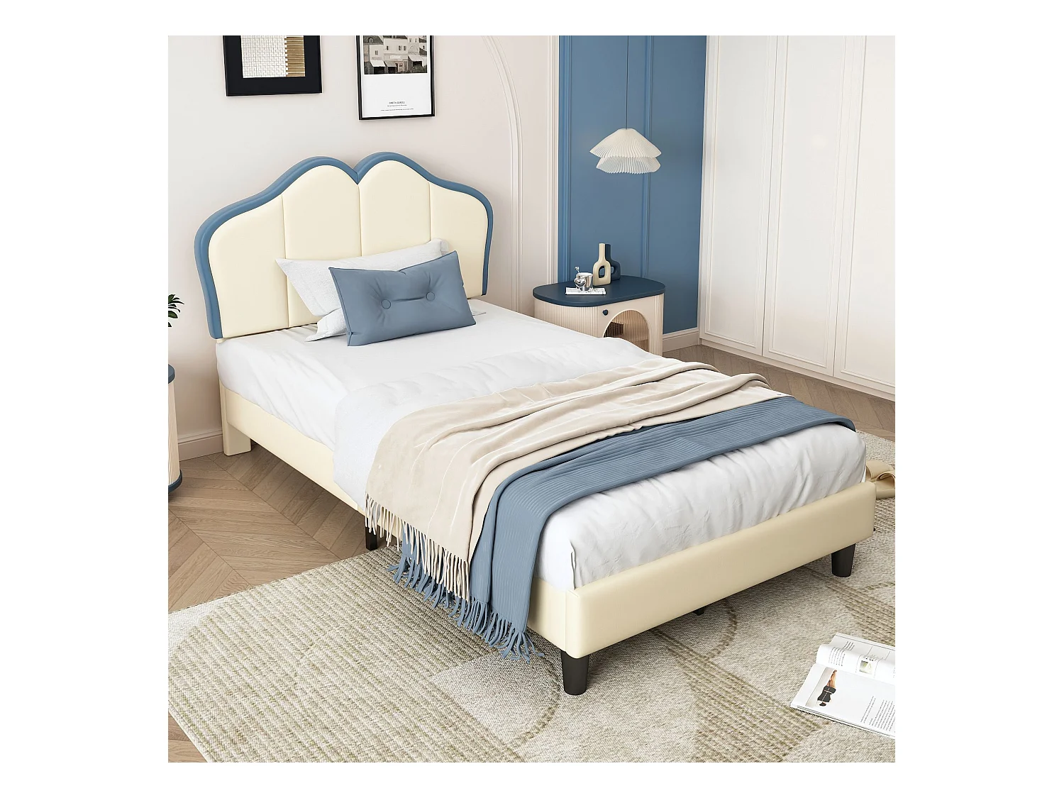 Lit enfant 90x200 cm, avec bords de protection souples, tête de lit élégante, PU, blanc + bleu