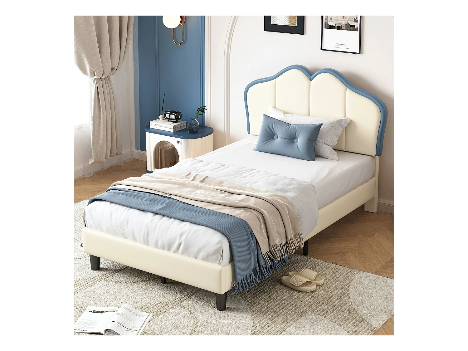 Lit enfant 90x200 cm, avec bords de protection souples, tête de lit élégante, PU, blanc + bleu
