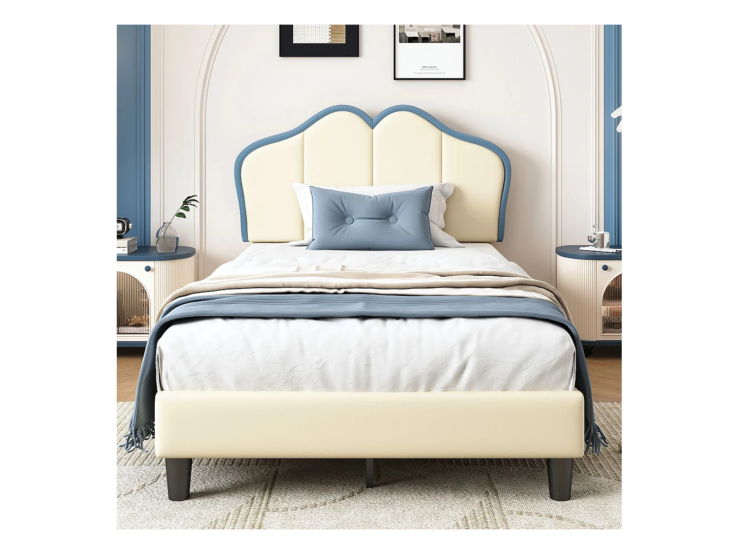 Lit enfant 90x200 cm, avec bords de protection souples, tête de lit élégante, PU, blanc + bleu
