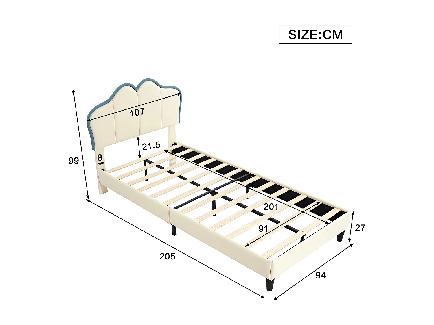 Kinderbed 90x200 cm, met zachte beschermranden, elegant hoofdbord, PU, wit + blauw
