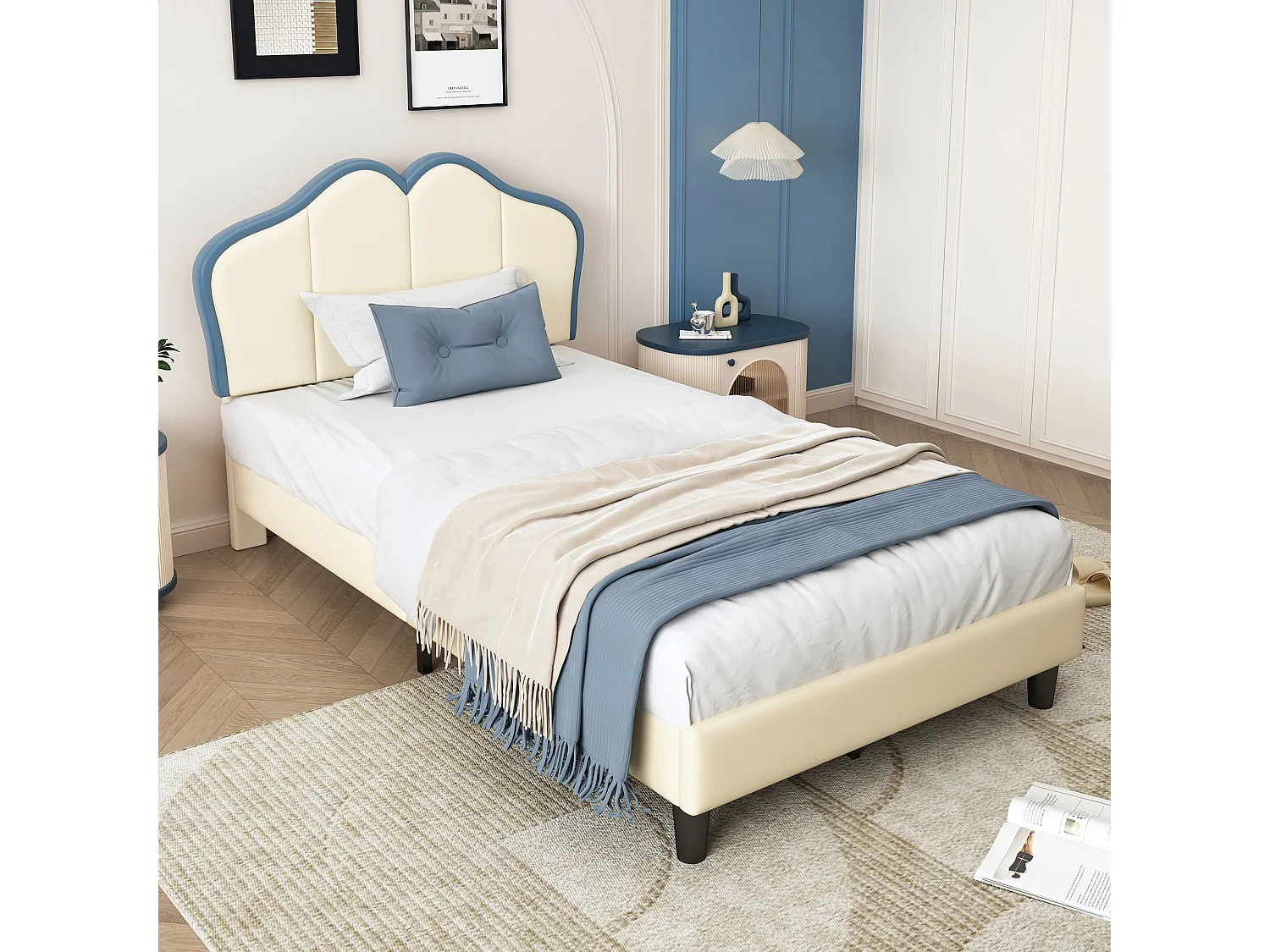 Kinderbed 90x200 cm, met zachte beschermranden, elegant hoofdbord, PU, wit + blauw