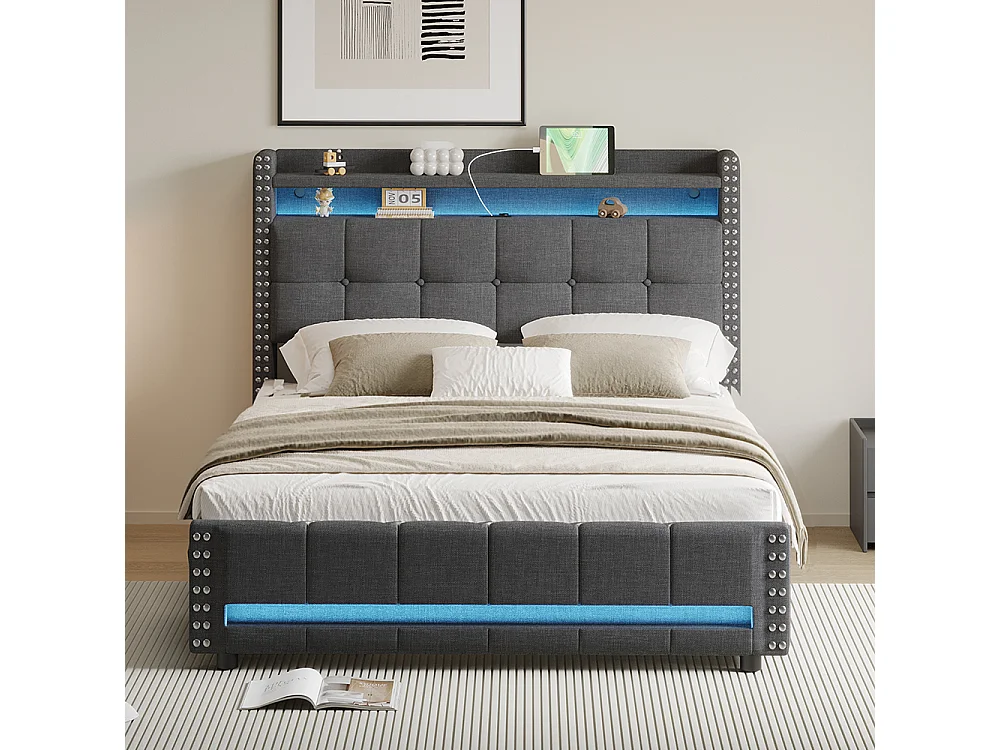 Lit rembourré 140*200 cm, avec éclairage LED et prise USB, étagère et tiroir avec 4 tiroirs, gris
