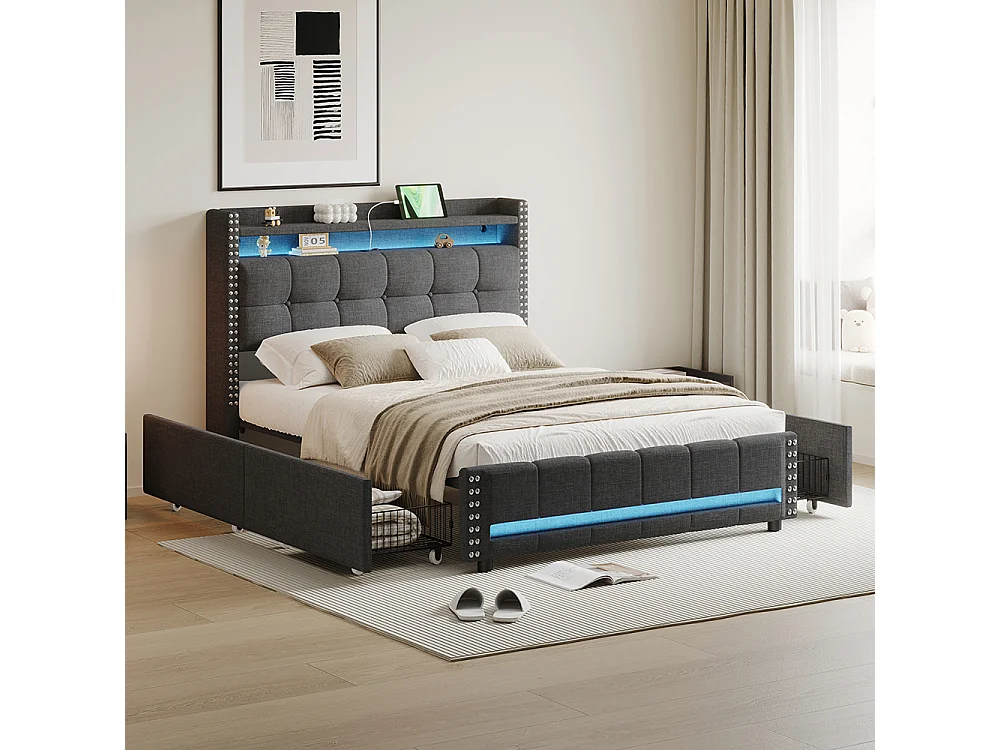 Lit rembourré 140*200 cm, avec éclairage LED et prise USB, étagère et tiroir avec 4 tiroirs, gris