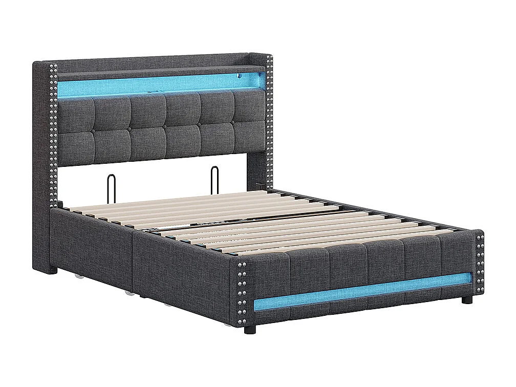Lit rembourré 140*200 cm, avec éclairage LED et prise USB, étagère et tiroir avec 4 tiroirs, gris