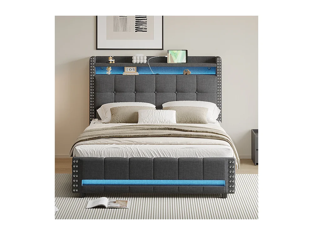 Lit rembourré 140*200 cm, avec éclairage LED et prise USB, étagère et tiroir avec 4 tiroirs, gris