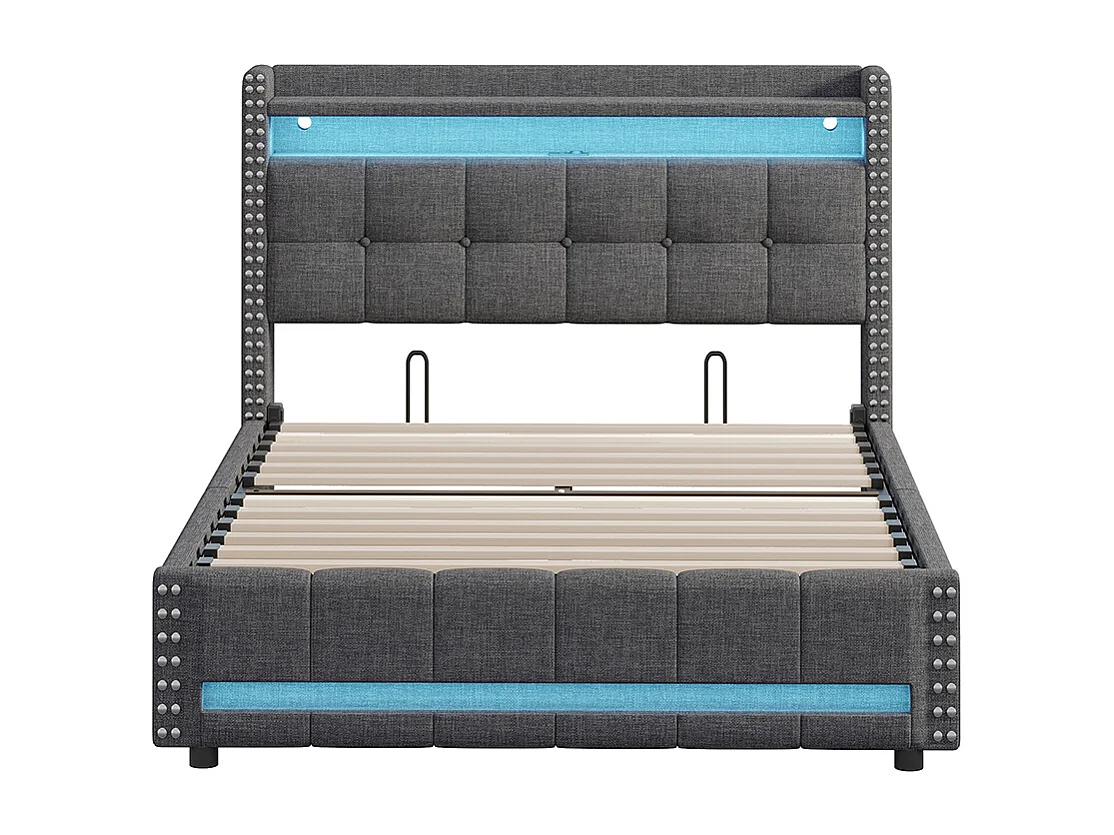 Polsterbett 140*200 cm, mit LED-Beleuchtung und USB-Anschluss, Regal und Schublade mit 4 Schubladen, grau.