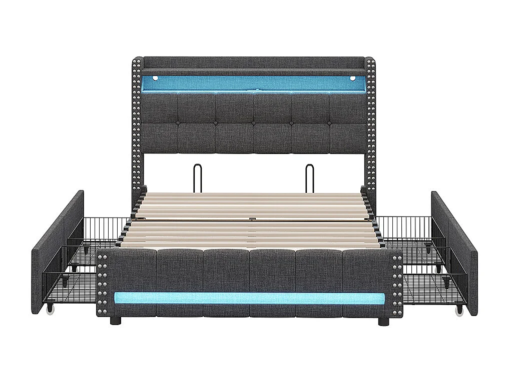 Polsterbett 140*200 cm, mit LED-Beleuchtung und USB-Anschluss, Regal und Schublade mit 4 Schubladen, grau.