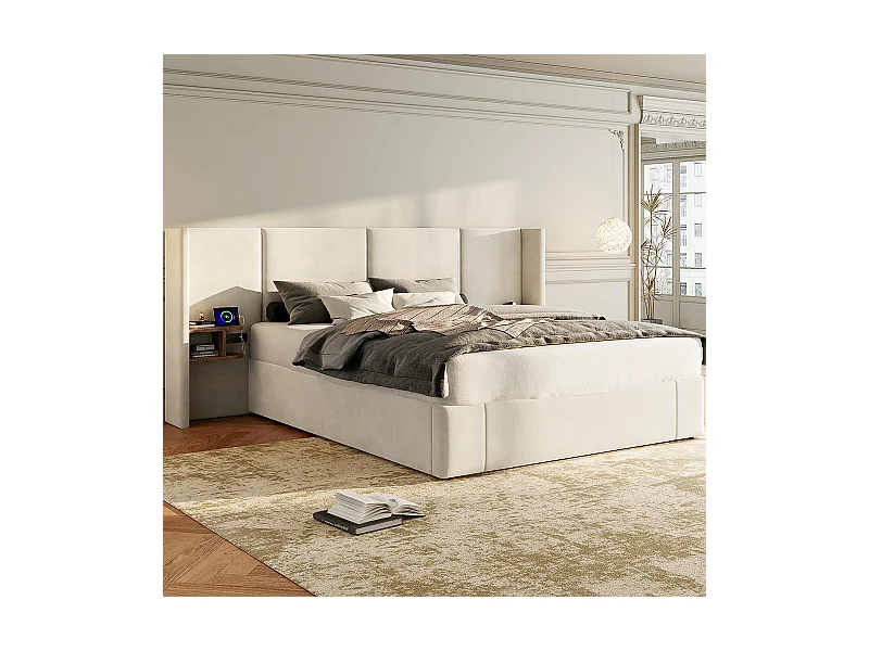 Polsterbett 160 x 200 cm, mit USB-Anschluss, Steckdose, Nachttisch, Samt, beige