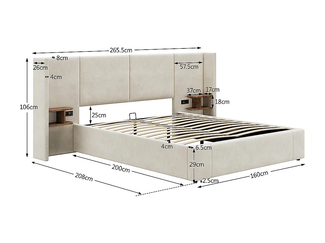 Lit rembourré 160 x 200 cm, avec port USB, prise de courant, table de nuit, velours, beige