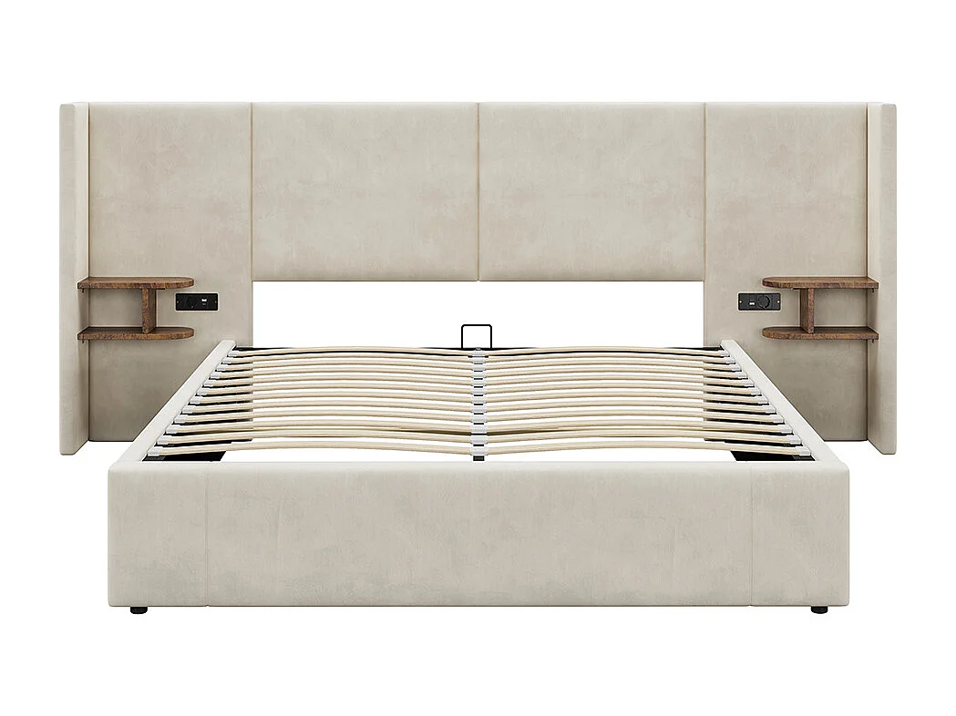 Lit rembourré 160 x 200 cm, avec port USB, prise de courant, table de nuit, velours, beige