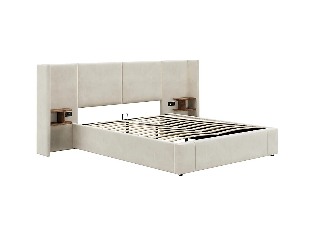 Gestoffeerd bed 160 x 200 cm, met USB-poort, stopcontact, nachtkastje, velours, beige