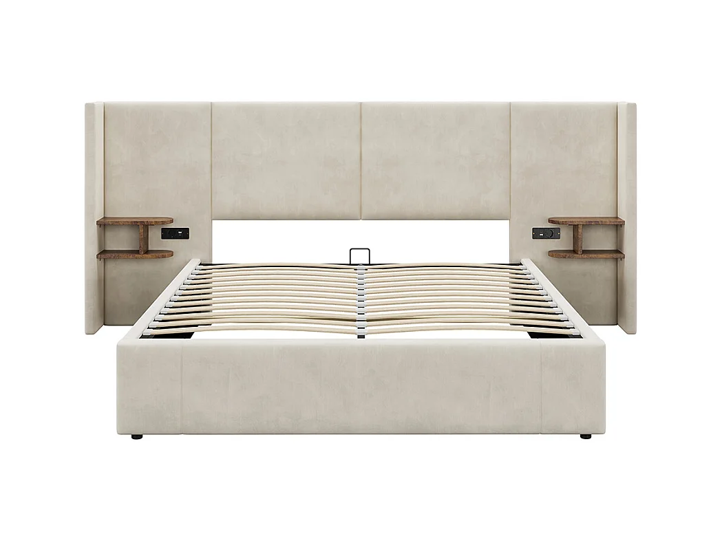 Polsterbett 160 x 200 cm, mit USB-Anschluss, Steckdose, Nachttisch, Samt, beige