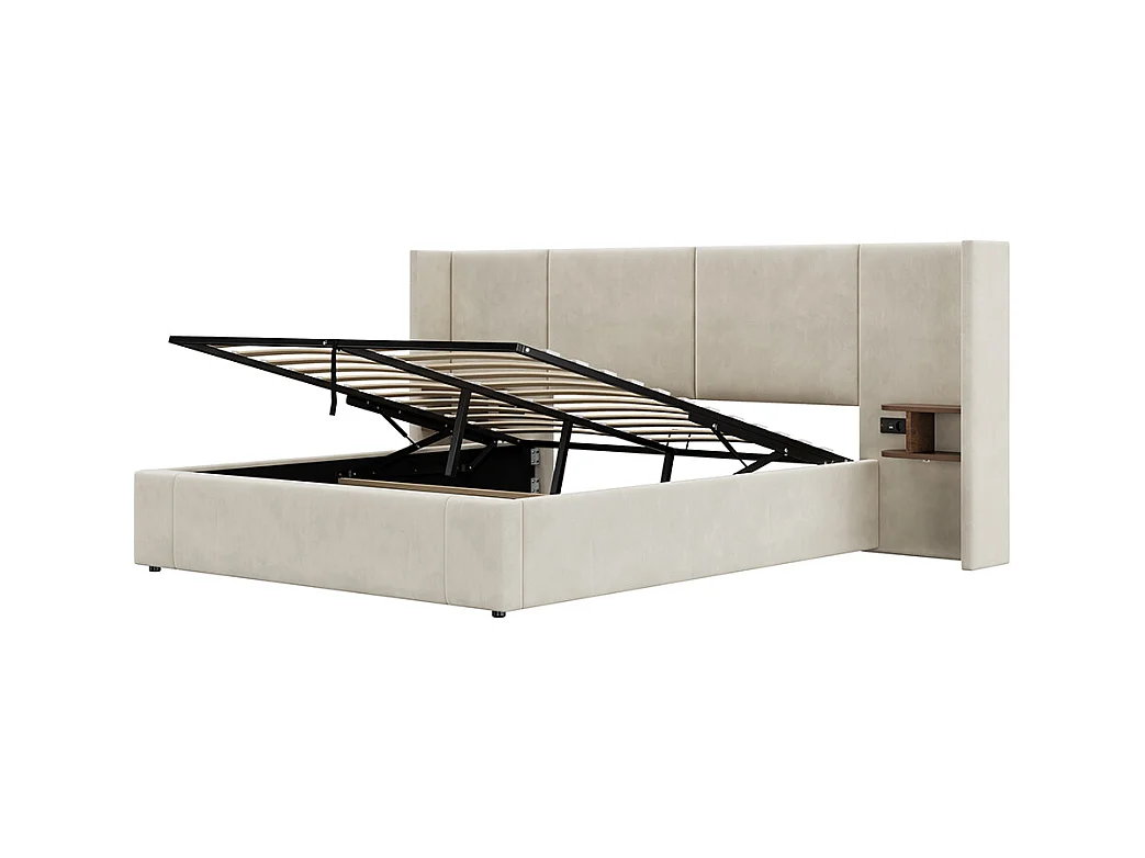 Polsterbett 160 x 200 cm, mit USB-Anschluss, Steckdose, Nachttisch, Samt, beige