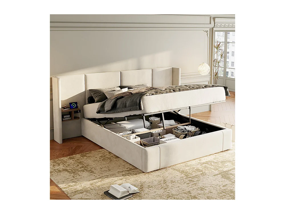 Polsterbett 160 x 200 cm, mit USB-Anschluss, Steckdose, Nachttisch, Samt, beige