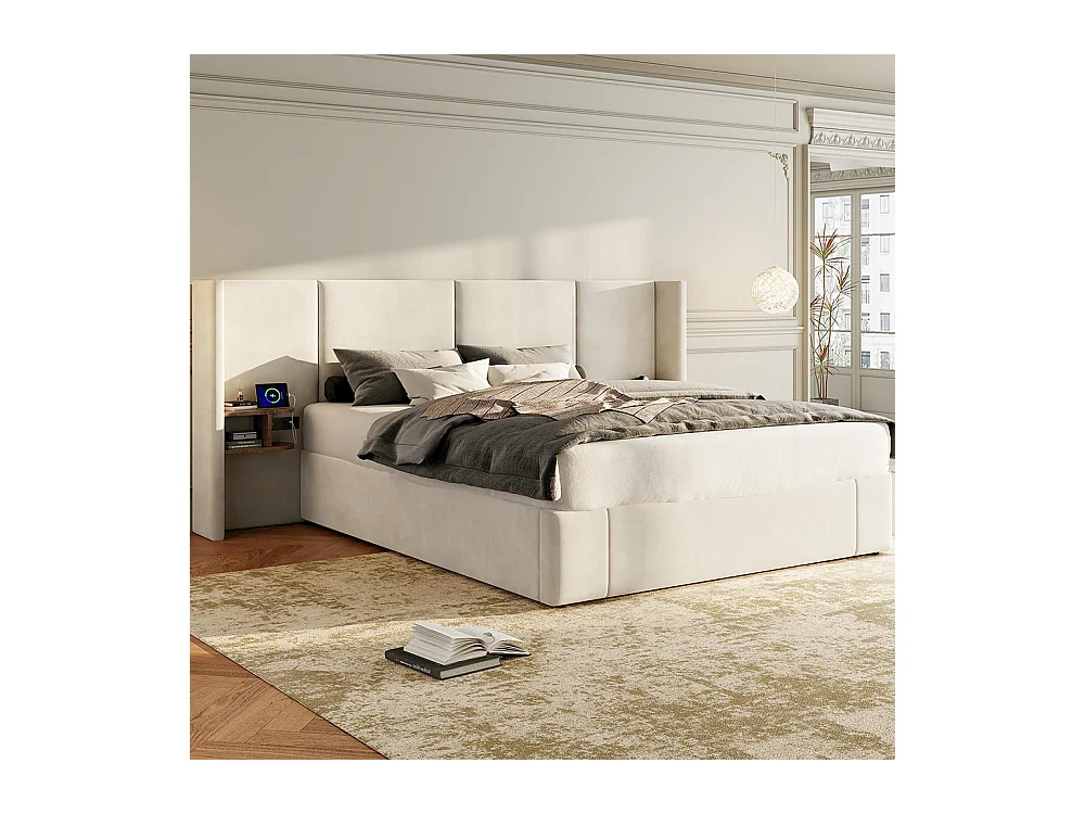 Polsterbett 160 x 200 cm, mit USB-Anschluss, Steckdose, Nachttisch, Samt, beige