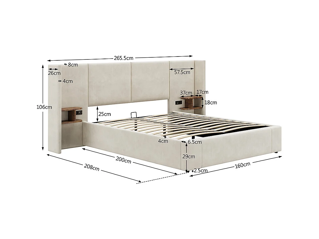 Polsterbett 160 x 200 cm, mit USB-Anschluss, Steckdose, Nachttisch, Samt, beige