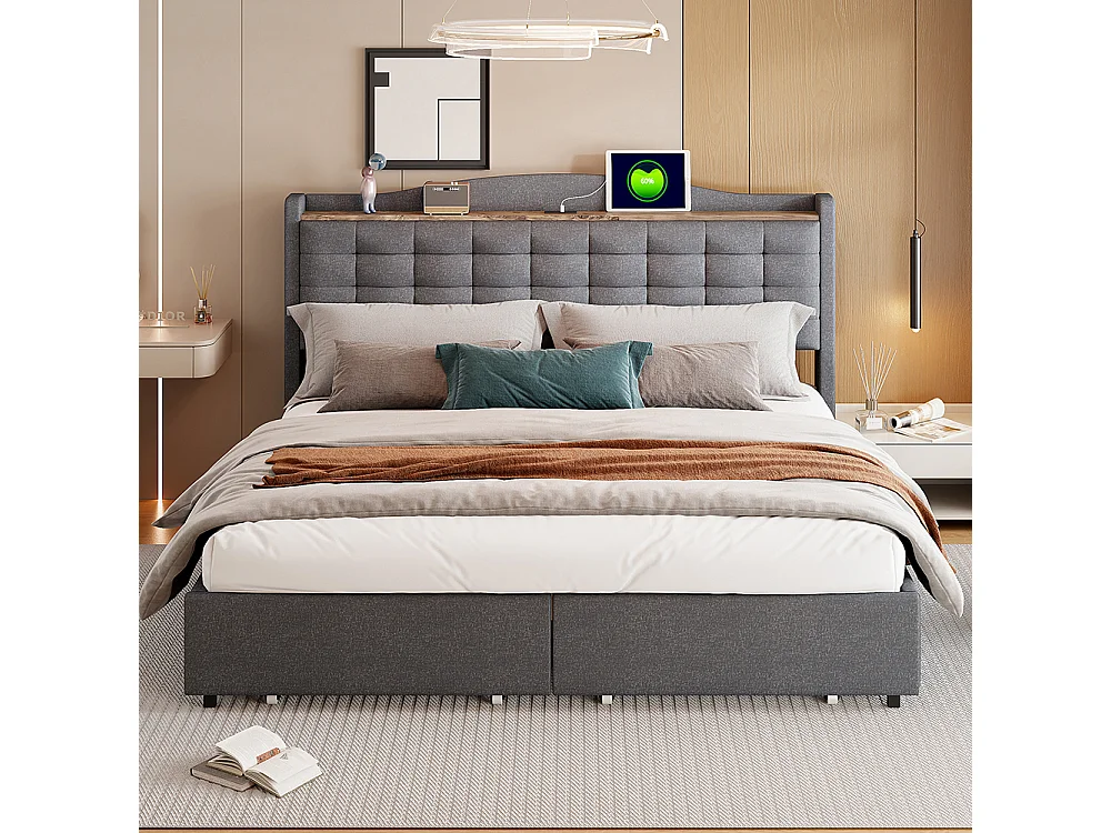 Tweepersoonsbed 160*200 cm, nachtkastje met USB-oplaadcontact en legplank, 4 laden, grijs linnen