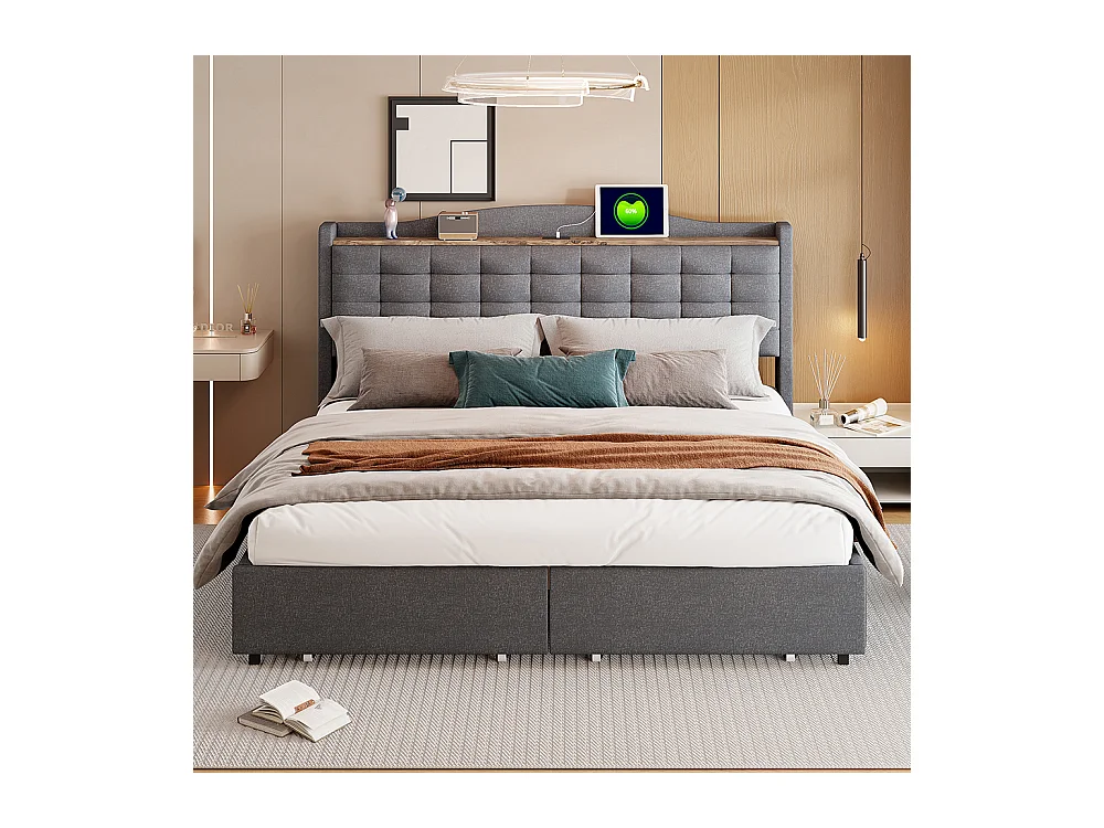 Lit double capitonné 160*200 cm, table de chevet avec port de charge USB et étagère, 4 tiroirs, linge gris