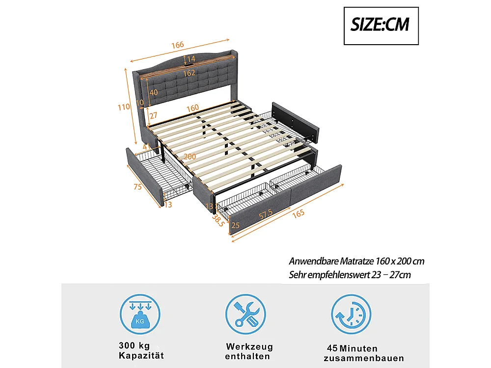Lit double capitonné 160*200 cm, table de chevet avec port de charge USB et étagère, 4 tiroirs, linge gris