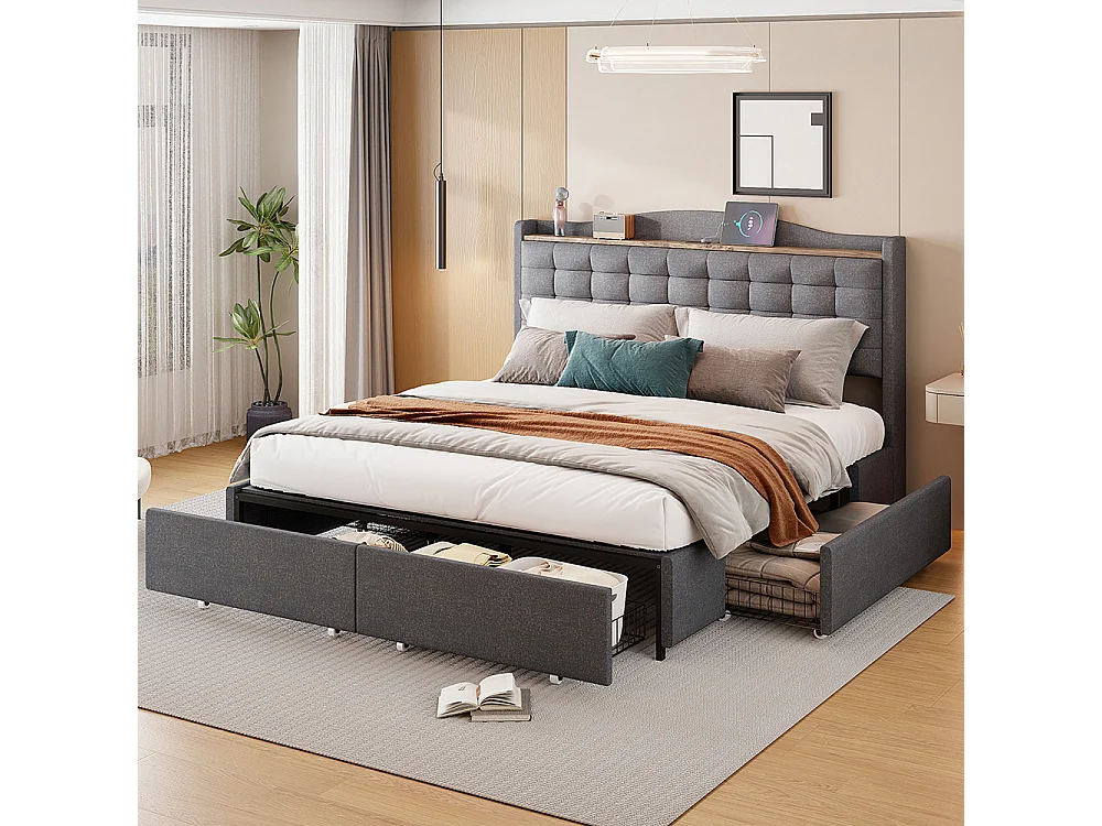 Lit double capitonné 160*200 cm, table de chevet avec port de charge USB et étagère, 4 tiroirs, linge gris
