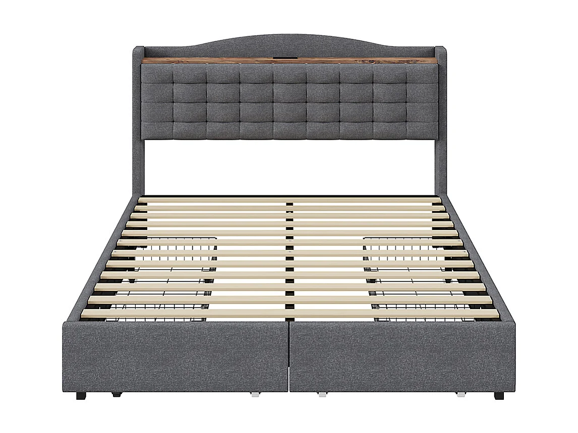Lit double capitonné 160*200 cm, table de chevet avec port de charge USB et étagère, 4 tiroirs, linge gris