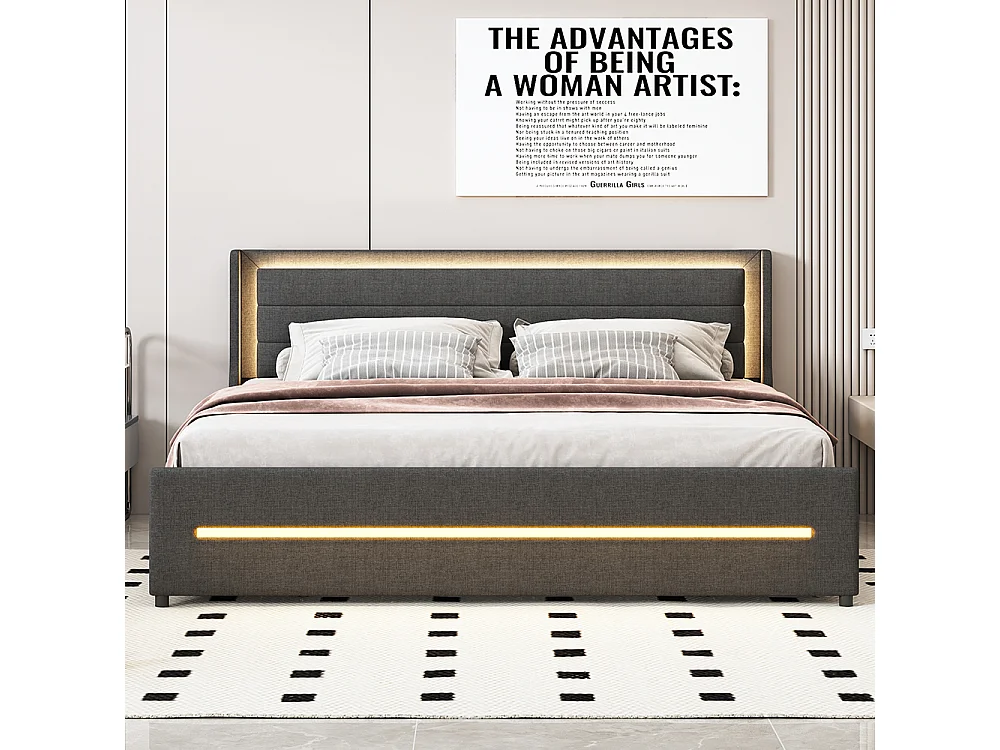 Lit double 180*200, avec lampes LED à couleur changeante, quatre compartiments de rangement, lin, gris