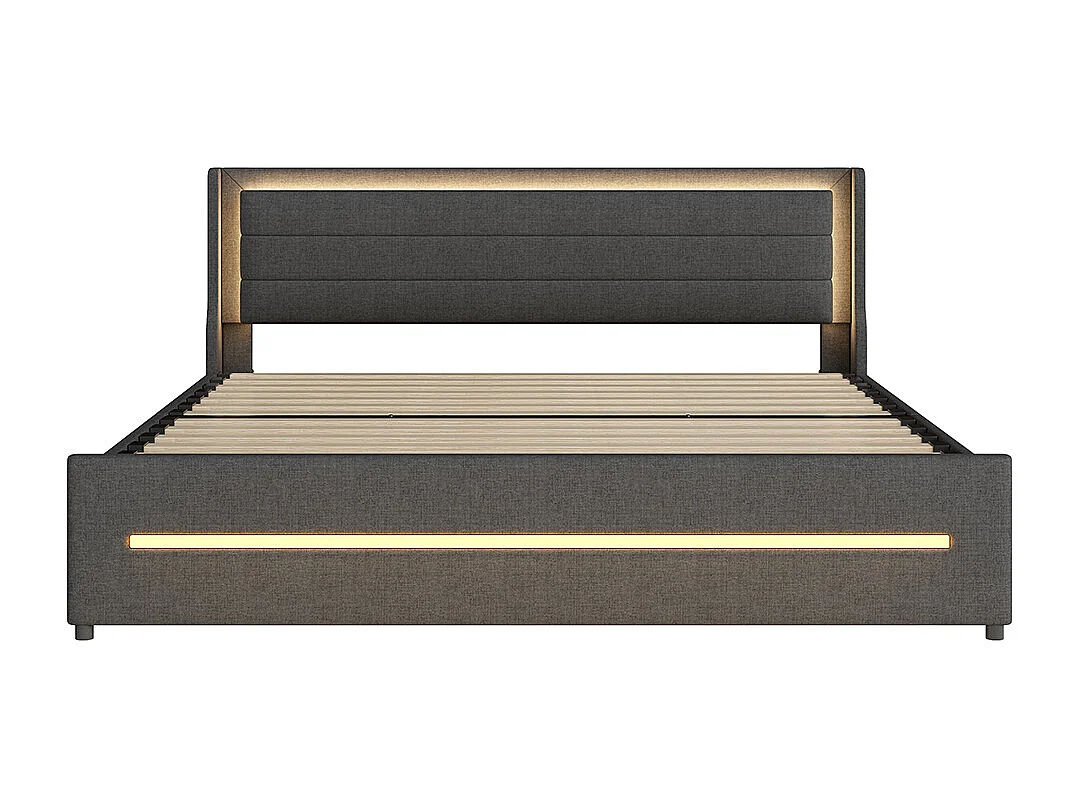 Lit double 180*200, avec lampes LED à couleur changeante, quatre compartiments de rangement, lin, gris