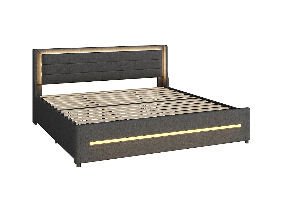 Lit double 180*200, avec lampes LED à couleur changeante, quatre compartiments de rangement, lin, gris