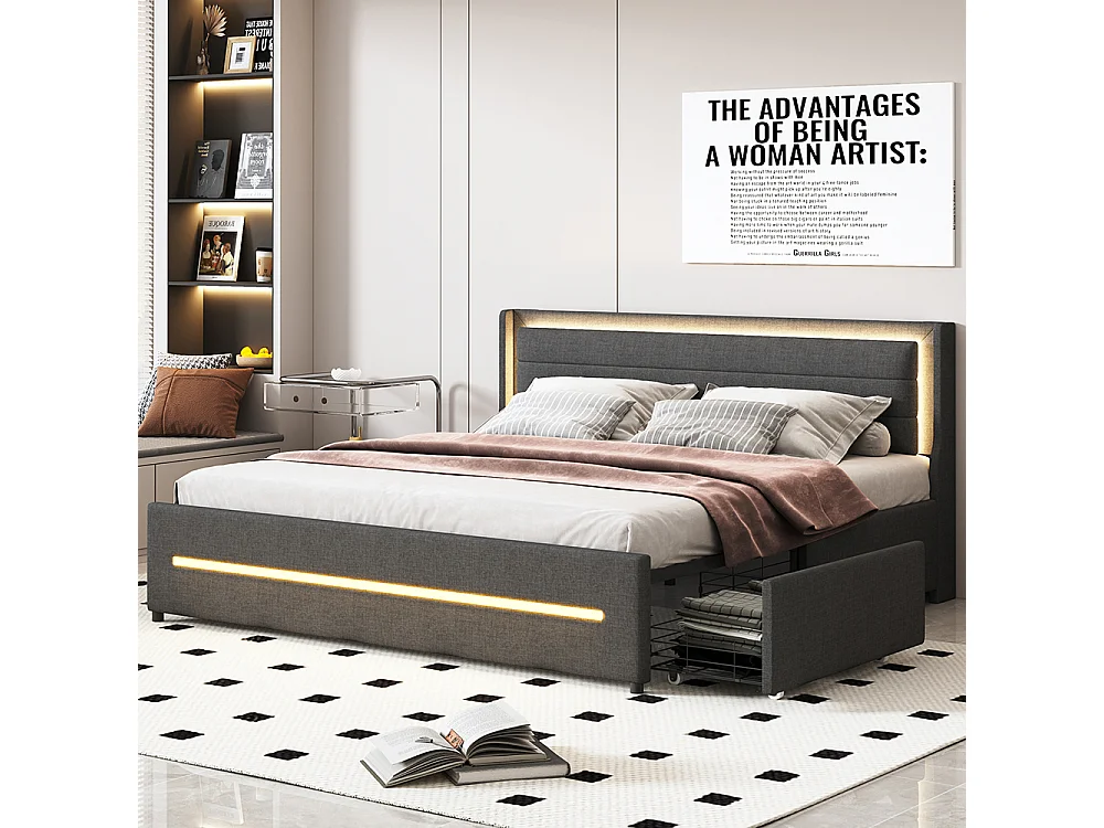 Doppelbett 180*200, mit farbwechselnden LED-Lampen, vier Stauraumfächern, Leinen, grau.