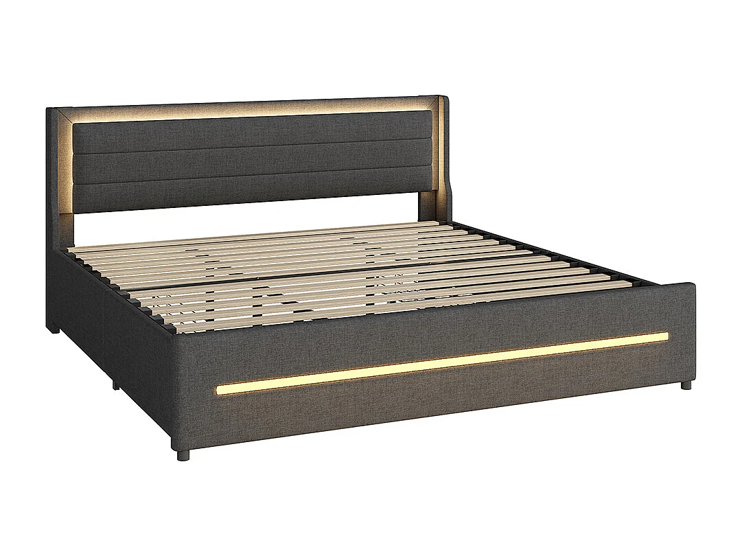 Doppelbett 180*200, mit farbwechselnden LED-Lampen, vier Stauraumfächern, Leinen, grau.
