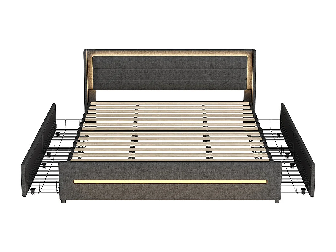 Doppelbett 180*200, mit farbwechselnden LED-Lampen, vier Stauraumfächern, Leinen, grau.